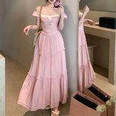 LIZAKOSHT - Summer New Square Neck Contrast Color Patchwork Sexy Short Sleeve T-shirt Women + Loose Pleated A-line Skirt Two-piece Suit