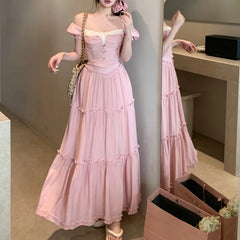 LIZAKOSHT - Summer New Square Neck Contrast Color Patchwork Sexy Short Sleeve T-shirt Women + Loose Pleated A-line Skirt Two-piece Suit