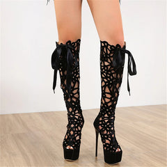 LIZAKOSHT - Suede Leather Peep Toe Thick Bottom Super High Heels Knee High Women Boots Hollow Out Butterfly Knot Fashion Rome Female Shoes