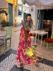 LIZAKOSHT - Holiday Vintage Beach Dress Fashion Women Printed Tie-Up Waist Slim Dress Women Backless Long Dress Vestidos Summer New
