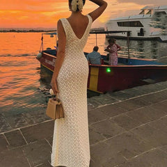 LIZAKOSHT  -  Solid Color Hollow Knitted Beach Vacation Dress Elegant Sleeveless Skinny Cover-up Dress Women Sexy Perspective Swimwear Dress