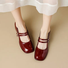LIZAKOSHT - Red Patent Leather Mary Janes Shoes 2025 Summer New Fashion Square Toe Women Pumps Comfort Chunky Heel Retro Ladies Single Shoes