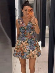 LIZAKOSHT - Vintage Print Mini Dress Women Mixed Floral Midi Dresses Sleeveless V Neck Button Front A Line Dress Summer Vacation Clothes
