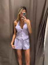 LIZAKOSHT - Striped Women's Two Piece Suit Halter Lace Up Sleeveless V-neck Single Breasted Top Short Pants 2025 Summer Lady Causal Outfits