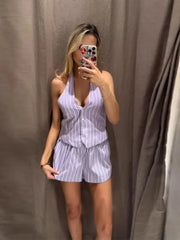 LIZAKOSHT - Striped Women's Two Piece Suit Halter Lace Up Sleeveless V-neck Single Breasted Top Short Pants 2025 Summer Lady Causal Outfits