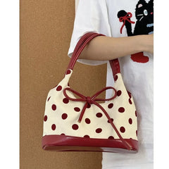 LIZAKOSHT - Retro Dot Red Handbag Women Versatile Bow Large Capacity Casual Shoulder Bags Ladies Sweet Cute Underarm Bag Aesthetic