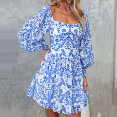 LIZAKOSHT - New Elegant Printed Mini Dress French 2024 Square Collar Swing A-line Dress Women All Match Long Sleeve Spring Autumn Mini Dress