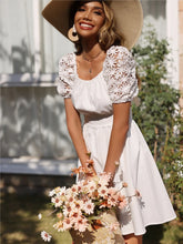 LIZAKOSHT - Summer White Puff Sleeve Cutout Flower Dress Sexy Backless Bow Square Neck High Waist Bandage Dresses Vestidos Party Dress