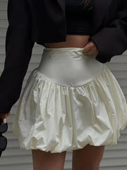 LIZAKOSHT - Women White Flower Bud Shorts Skirts New Fashion Street Solid Color Simple Lantern Mini Slim-fit Skirts for Women Clothing