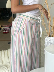 LIZAKOSHT - Y2k Chic Sweet Cute Lace Trim Colorful Stripe Pant All Match Loose Straight Leg Elastic Waist Trouser Kawaii Streetwear
