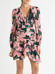 LIZAKOSHT - Print Irregular Dresses For Women V Neck Lantern Sleeve High Waist A Line Ruched Mesh Tunic Mini Dress Female Fashion New