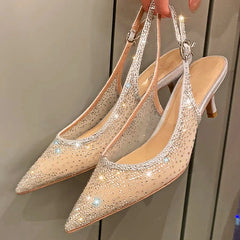 LIZAKOSHT - Luxury Rhinestone High Heels Women Fashion Designer Sandals Party Dress Bridal Shoes Mesh Glitter Pointed Toe Muller Pumps Women