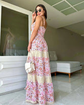 LIZAKOSHT - New Summer Fashion Printed Floral Dress Lace-Up Sleeveless V-Neck Sexy Beach Party Patchwork Hollow Out Long Dresses