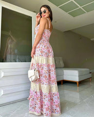 LIZAKOSHT - New Summer Fashion Printed Floral Dress Lace-Up Sleeveless V-Neck Sexy Beach Party Patchwork Hollow Out Long Dresses