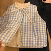 LIZAKOSHT - Sweet Plaid Bow Women Vest Sleeveless O Neck Preppy Double Sided Wear Casual Coats Korean Chic Student Zipper Cute New Outwear