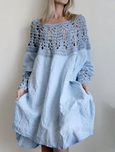 LIZAKOSHT - Elegant Dress for Women Solid Color Loose Fit Knee-Length Dress Hollow Out Patchwork Long Sleeve Dress Vestidos Femme