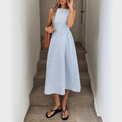 LIZAKOSHT - Women's Sleeveless Vertical Striped Midi Dress Elegant High Waist A-Line Vacation Dress