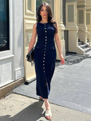 LIZAKOSHT - Women's Knit Cardigan Dress 2025 Summer Elegant Lady Long Dresses Solid Single Breasted Sleeveless Bodycon Female Vestidos