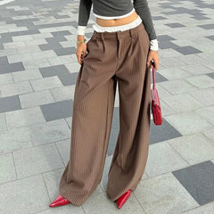 LIZAKOSHT - Summer New Cross Border Waist Patch Stripe Casual Pants Simple Drape Contrast Straight Suit Pants