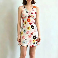 LIZAKOSHT - French style Beige Floral Print V neck Sleeveless Dress Women V Back Lacing Up Bow Waist A-line Short Tank Dresses Summer Robe