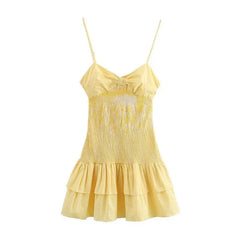 LIZAKOSHT - New Fashion Vintage Beach Mini Dress for Women 2024 Summer Holiday Women Casual Small Plaid Bow Yellow Dress Elegant Vestidos