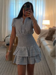LIZAKOSHT - Plaid Waist Cinching A-line Dress Women Casual Short Sleeve V-neck Layered Pleated Mini Dresses Lady Holiday Street Robes