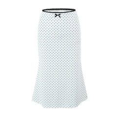 LIZAKOSHT - New 2024 Women Lace Trim Floral Print Fishtail Skirt Bow Elastic Waist Female Summer Midi Skirt Holiday