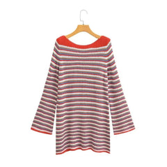 LIZAKOSHT - Women Long sleeve Hollow Out Knitwear Jumper Knitwear Autumn Crew neck Contrast Color Striped Midi Pullover Sweater
