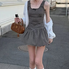 LIZAKOSHT  -  Women Plaid Printed Square Collar Sleeveless High Waisted Bow Patchwork Backless Simple Style Cute Sling Pleated Tank Dress