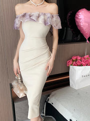 LIZAKOSHT - Sexy Backless Off Shoulder Midi Dresses for Women Summer New Korean Slim Folds Ruffled Prom Party Vestidos Female Clothes