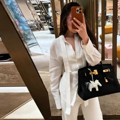 LIZAKOSHT - Casual Women's Lace Up Shirts Long Sleeve Solid Waist-Closed Button Lady Blouse 2025 Fall Fashion Female Streetwear New