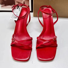 LIZAKOSHT - Sexy High Heels Shoes Women Summer Ankle Cross Strap Open Toe Fashion Designer Red Elegant Dress Wedding Ladies Sandals