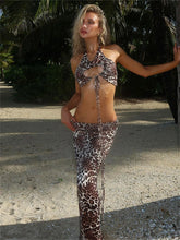 LIZAKOSHT - Summer Leopard Print 2 Two Piece Sets Beach Outfits Women 2024 Sexy Halter Bandage Backless Crop Top And Long Skirt Sets