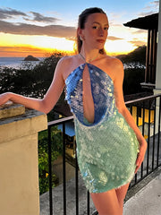 LIZAKOSHT  -  Sequins Contrast Color Halter Mini Dress Women Hollow Out Backless Off Shoulder Party Dresses 2025 Summer Street Glitter Robe