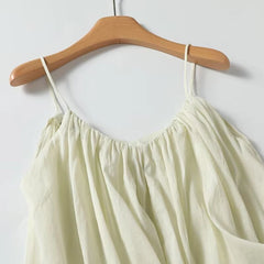 LIZAKOSHT - New 2024 Women Sexy Thin Straps Pleated Ramie Summer Camis Casual Loose Holiday Crop Top