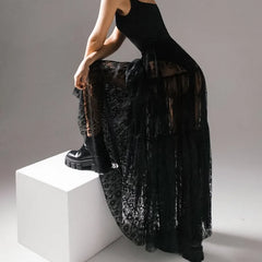 LIZAKOSHT - Black Lace Long Skirt 2026 Summer Sexy Perspective Niche Temperament Skirt