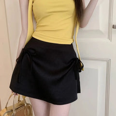 LIZAKOSHT - Bow Lace-up Satin Y2k Mini Skirts A-Line Pink Korean Style Skirts High Waist Zipper Sexy Slim Skirts Sweet Short Skirt For Women