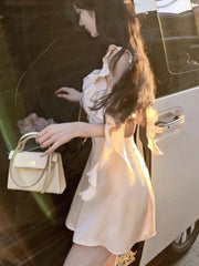 LIZAKOSHT - Summer Backless Elegant Fairy Mini Dress Women Korean Fashion Strap Party Dess Female Ruffle Flounce Vintage Designer Dress