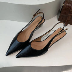 LIZAKOSHT - Black Summer New Women Sandal Fashion Pointed Toe Shallow Slip On Ladies Elegant Slingback Shoes Thin Med Heel Dress Mules