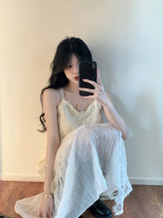 LIZAKOSHT - Summer Lace Floral Midi Dress Woman Elegant One Piece Dress Korean Fashion Beach Style Sleeveless Casual Sundress Beige