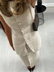 LIZAKOSHT - Newest Striped O-neck Women Vest Single Breasted Sleeveless Pocket Slim Female Tank 2024 Spring Summer Stylish Ladies Outwears