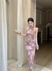 LIZAKOSHT - Purple Cheongsam Dress Women's Summer Chinese Style Off Shoulder Drip Collar Hot Stamping Flower Dress Fashion Female Clothes