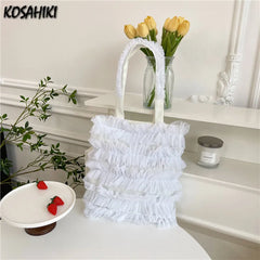 LIZAKOSHT - Japanese Sweet Y2k Shoulder Tote Bags Fashion Patchwork Lace Pleated Women's Handbags All Match Girls Underarm Bag High-capacity