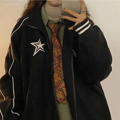 LIZAKOSHT - Jackets For Women Star Letter Embroidery Stand Neck Thick Warm Chaqueta Retro Harajuku Street Fashion Veste Femme