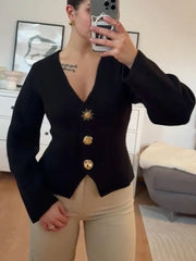 LIZAKOSHT - V-Neck Knitted Sweater Cardigan Irregular Button Minimalism Waist Cinching Slimming Soft Waxy Knitwear Vintage Knit Shirt Top