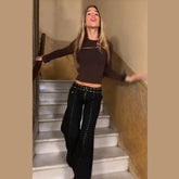 LIZAKOSHT - Street Cool Black Rivet Hole Jean Women Vintage Mid-Waist Long Pants Fashion Y2K Zipper Denim Trouser Straight Leg Jeans