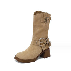 LIZAKOSHT - Luxury Platform Mid Calf Combat Boots Women Chuny Heel Buckle Vintage Fashion Casual Shoes Western Suede Botas Mujer