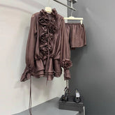 LIZAKOSHT - Ruffle Women's Shirt Shorts Sets 3D Flower V-neck Lace Up Long Sleeve Top Elastic Waist Short Pants two pieces set Lady Suits
