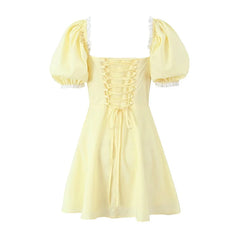 LIZAKOSHT  -  Sweet Women Lace Trim Yellow Dress Vintage Puff Sleeve Ladies A-line Mini Summer Dresses Lacing Up Robe