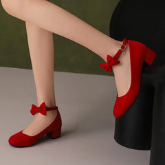 LIZAKOSHT - spring autumn women pumps plus size 22-26.5cm flock ankle buckle Mary Jane shoes butterfly knot thick heel women shoes